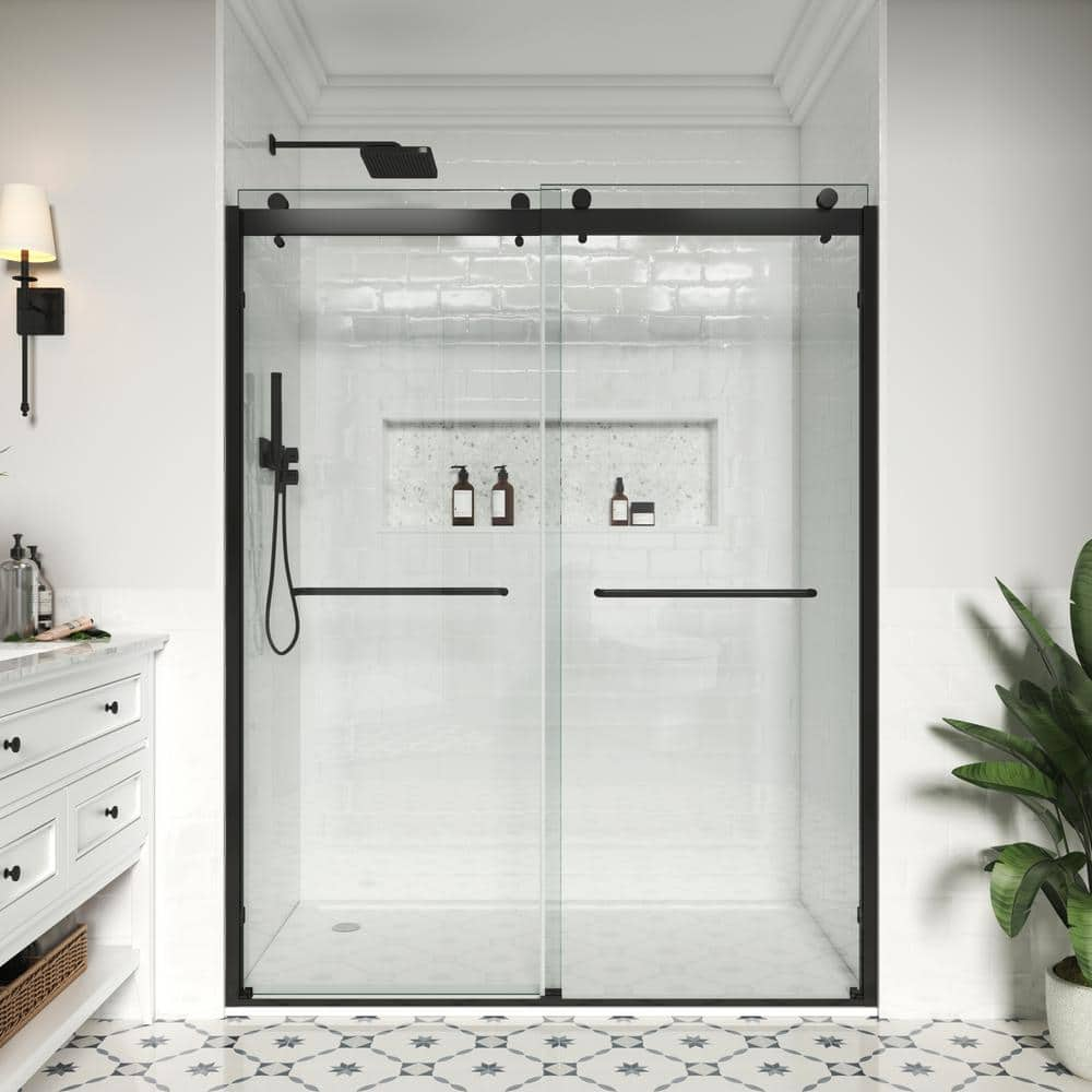 YINVANI 60 in. W x 76 in. H Double Sliding Semi-Frameless Bath Shower Door in Matte Black with Easy-Clean 3/8 in. Glass