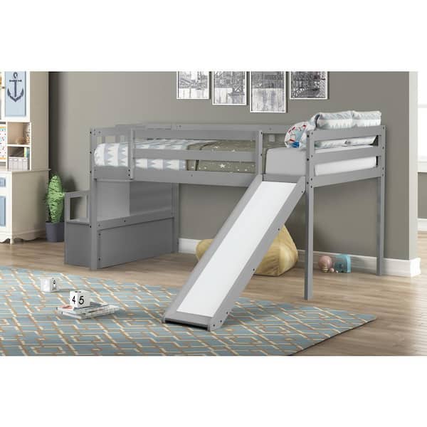 GODEER Gray Twin Size Loft Bed with Staircase, Storage, Slide