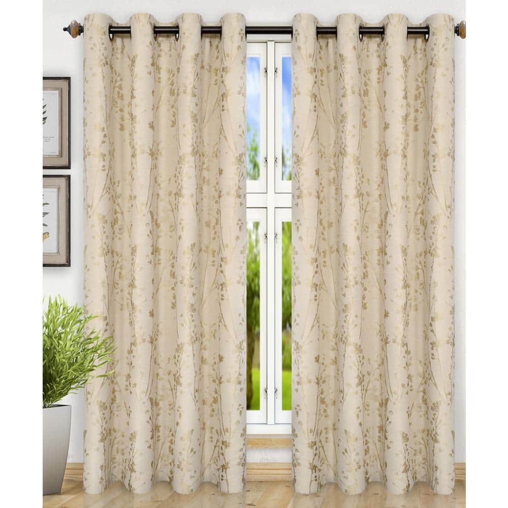 Ivory Floral Linen Room-Darkening Grommet Curtain Panel, 50" x 63"