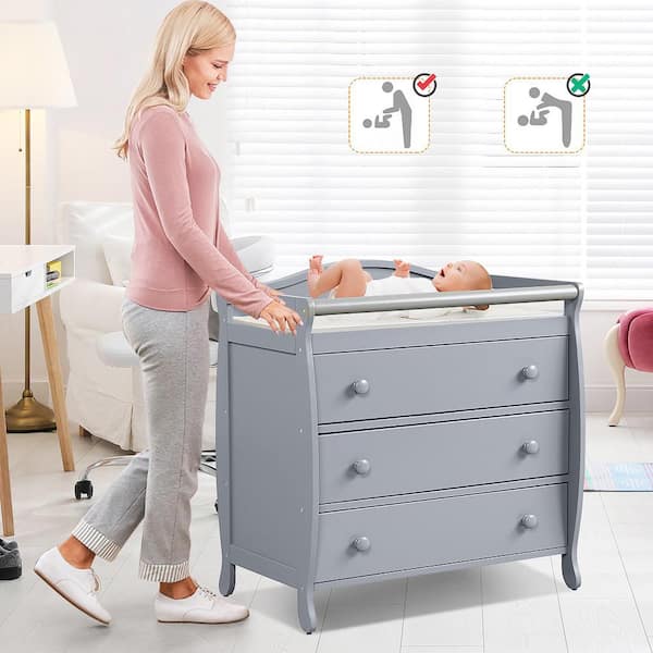 Costway Grey 3 Drawer Baby Changing Table Infant Diaper Changing Station  w/Safety Belt BB5762GR - The Home Depot