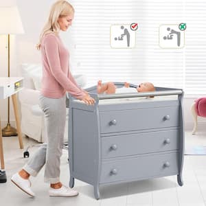 Grey 3 Drawer Baby Changing Table Infant Diaper Changing Station w/Safety Belt