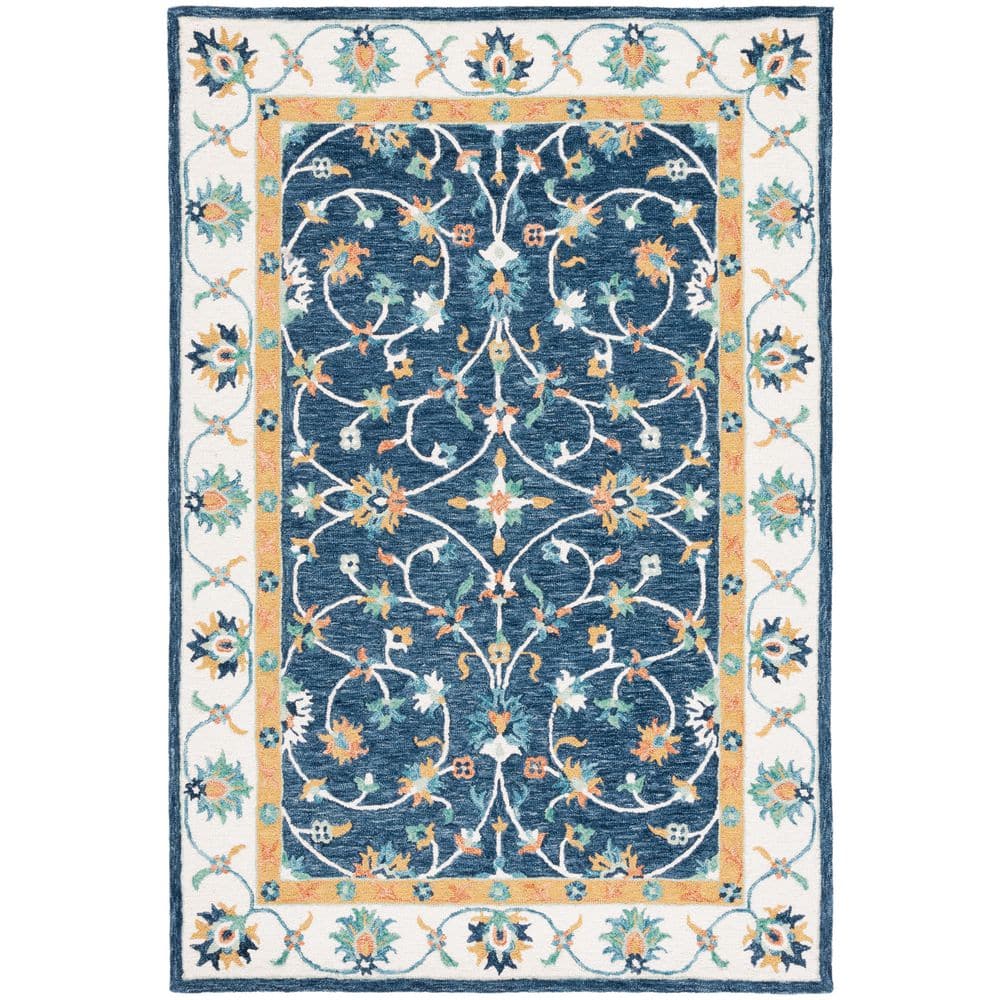 Ivory and Blue Handmade Tufted Wool Area Rug, 8' x 10'