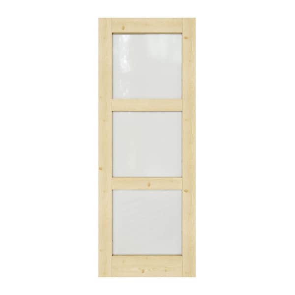 28 in. x 80 in. 3-Lite Tempered Frosted Glass Unfinished Solid Core Pine Wood Interior Door Slab