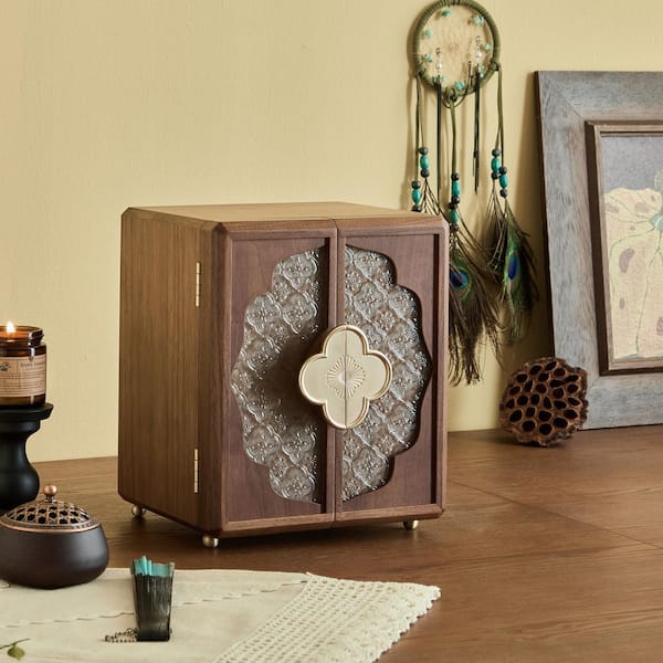 9 in Wide Walnut Color With Glass Flower Window Door Wooden Jewelry Box