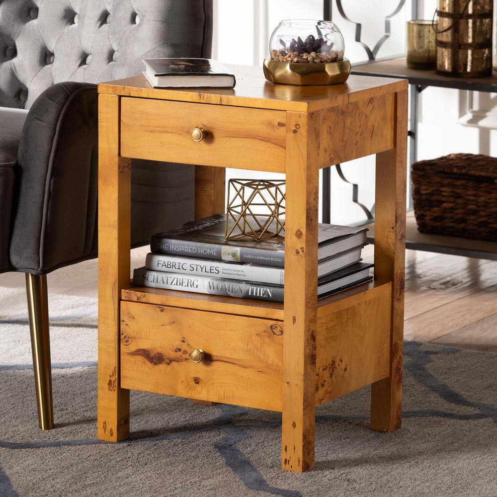 Azmi Natural Light Burl Wood 2-Drawer Nightstand with Open Shelf