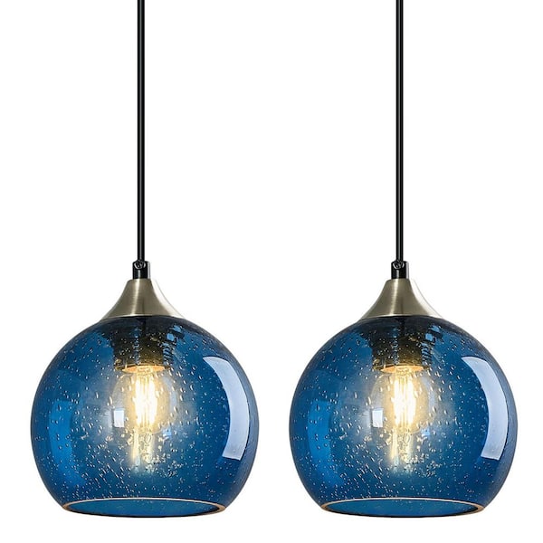 Home Lighting ‎60 Watts 1-Light 5.9 in. Blue Glass Pendant Light for Kitchen Island Bedroom, No Bulbs Included, (2-Pack)