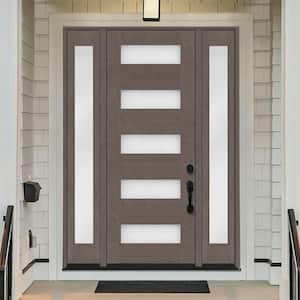 Regency 64 in. x 96 in. 5L Modern Frosted Glass LH Ashwood Stain Mahogany Fiberglass Prehung Front Door w/Dbl 12in.SL