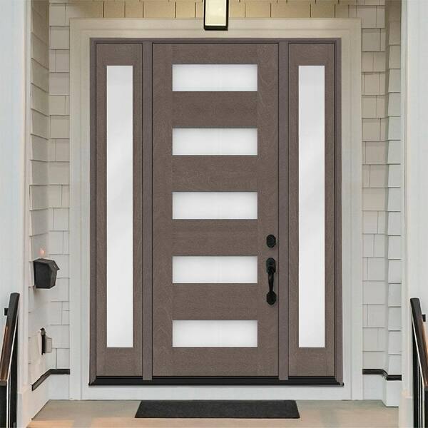Regency 68 in. x 96 in. 5L Modern Frosted Glass LH Ashwood Stain Mahogany Fiberglass Prehung Front Door w/Dbl 14in.SL