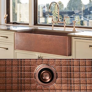 Luxury Medium Patina 12-Gauge Copper 33 in. Single Bowl Farmhouse Apron Kitchen Sink with Accs and Flat Front
