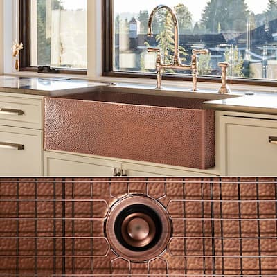 Luxury Medium Patina 12-Gauge Copper 33 in. Single Bowl Farmhouse Apron Kitchen Sink with Accs and Flat Front
