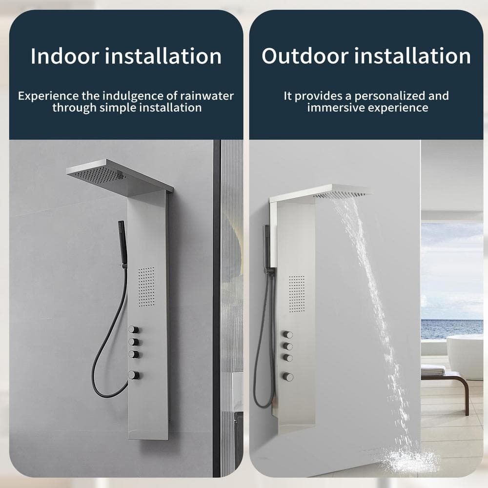 Brushed Nickel Multi-Function Shower Panel with Rainfall and Massage Jets