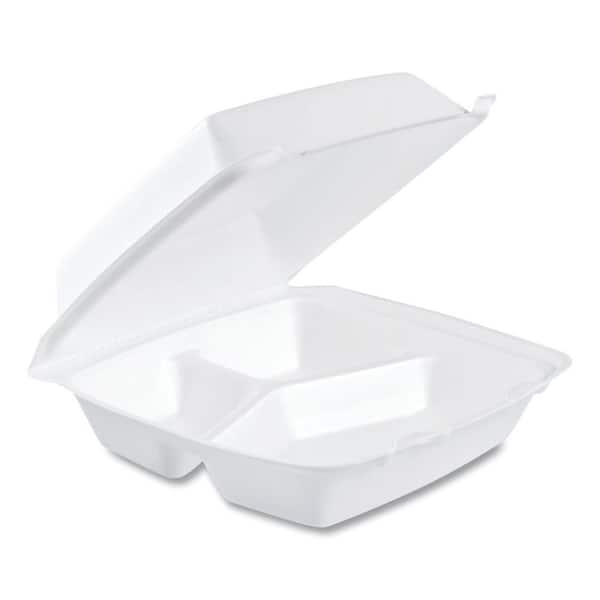 Square White Plastic 3-Compartment Hinged Food Container 8 X 8 X 3 -  150/Case 