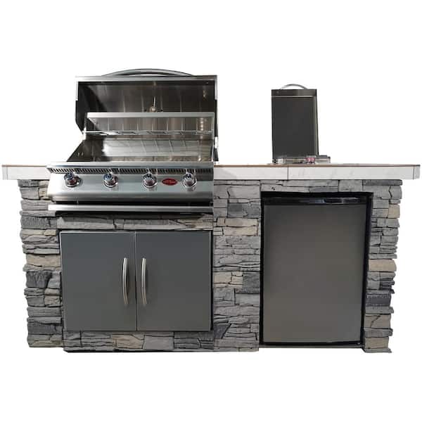 Cal Flame 7 ft. Composite Faux Stone 4-Burner Propane Gas Grill Island in Stainless Steel