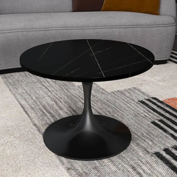 Verve 24 in. Black Round Sintered Stone Coffee Table with Stainless Steel Pedestal Base