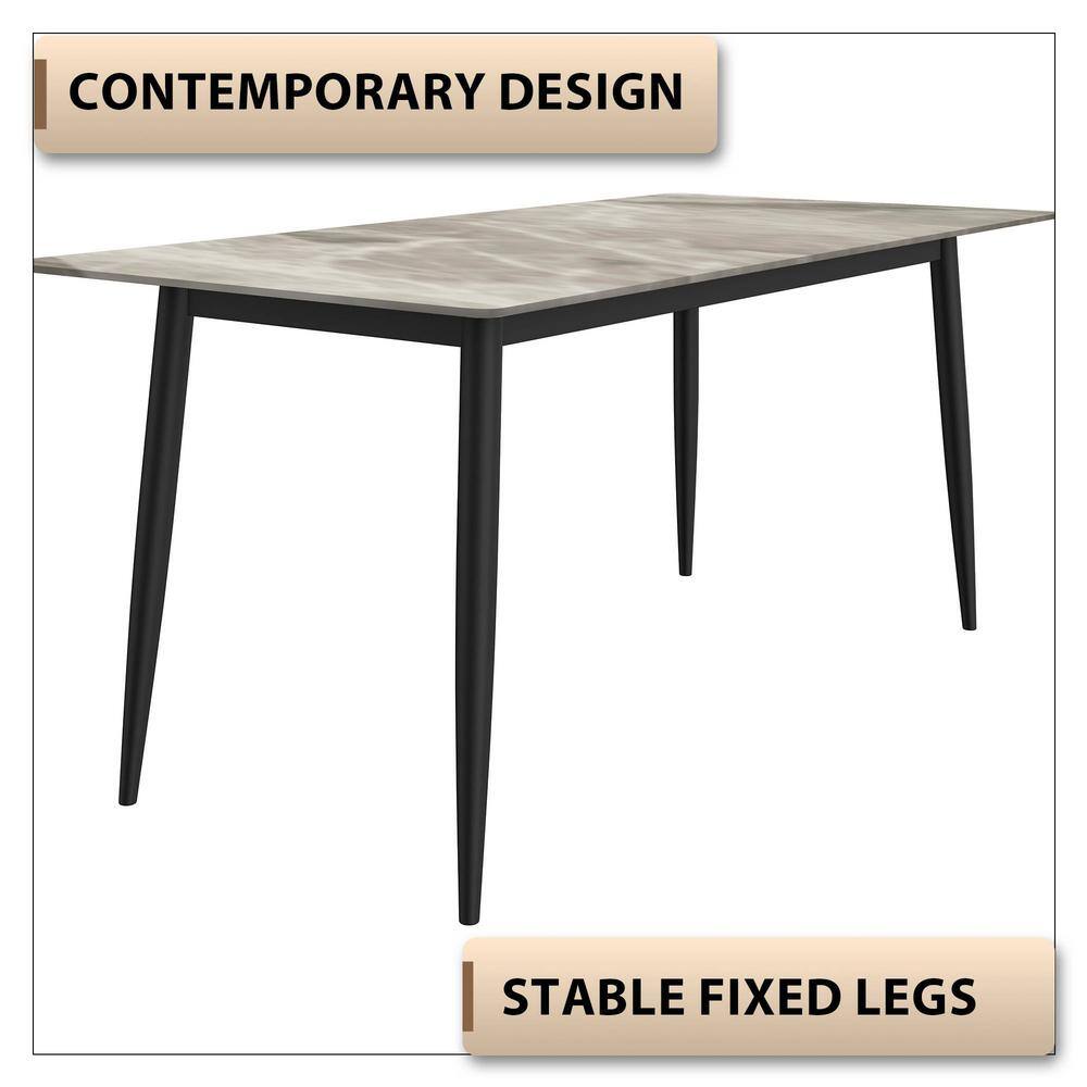 Deep Grey Rectangular Glass Dining Table with Black Steel Base