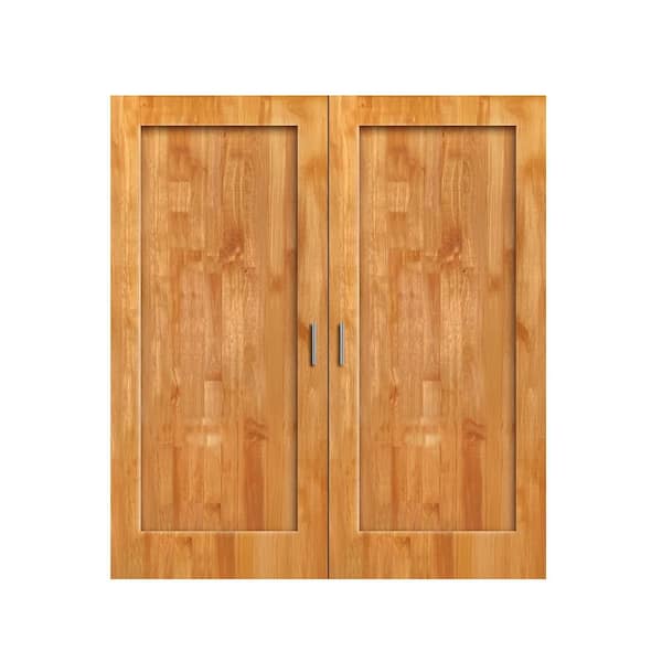 72 in. x 80 in. 1-Panel Hollow Core Weather Oak Finger Joint Wood Interior Double Door Slabs with Door Catch and Handle