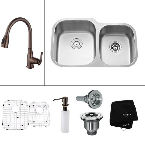 KRAUS All-in-One Undermount Stainless Steel 32 in. Double Basin Kitchen Sink with Faucet and Accessories in Oil Rubbed Bronze