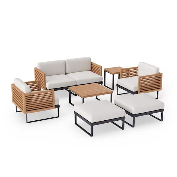 NewAge Products Monterey 6-Seater 7-Piece Aluminum Teak Outdoor Patio Conversation Set With Canvas Natural Cushions