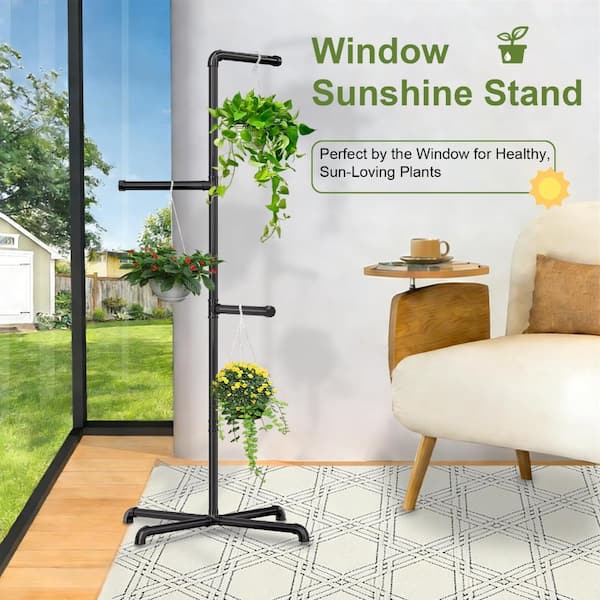 Black metal corner hanging plant stand, ideal for displaying