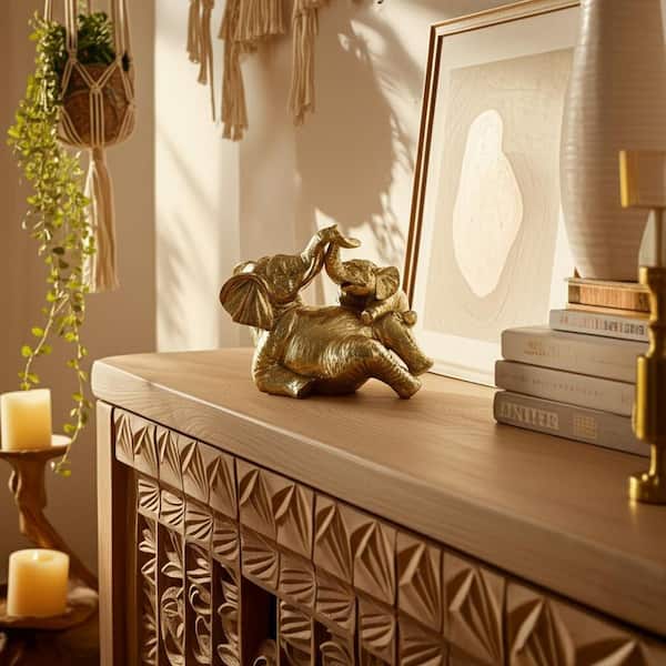 Gold 7 in. x 5 in. Resin 2-Playful Elephants Boho Figurine