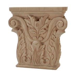 5-3/8 in. x 5-1/4 in. x 1-1/8 in. Unfinished Hand Carved Solid American Alder Acanthus Wood Onlay Capital Wood Applique