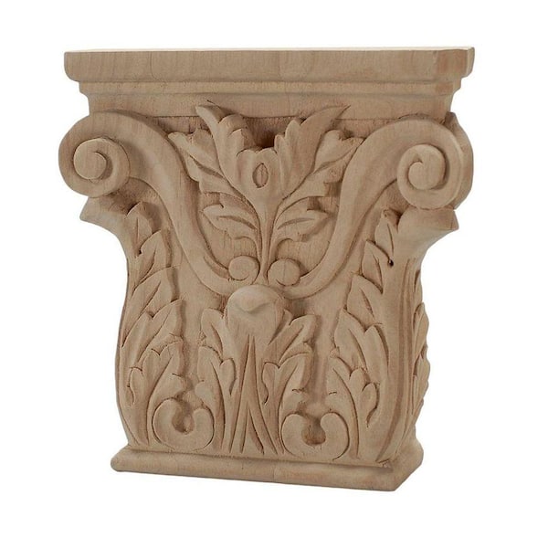 American Pro Decor 5-3/8 in. x 5-1/4 in. x 1-1/8 in. Unfinished Hand Carved Solid American Alder Acanthus Wood Onlay Capital Wood Applique