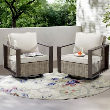 Wicker Outdoor Rocking Chair Patio Swivel Chair with Metal Frame and Beige Cushions