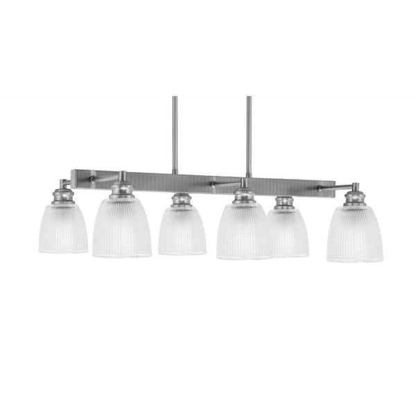 Unbranded Albany 6 Light Brushed Nickel Downlight Chandelier, Linear Chandelier for the Kitchen with Clear Ribbed Glass Shades