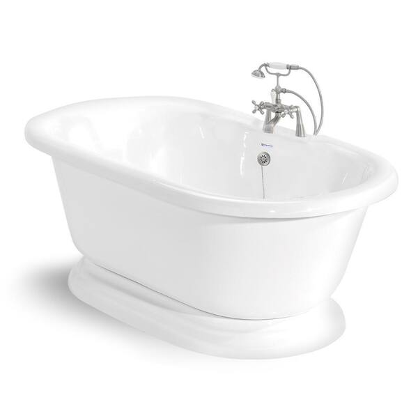 American Bath Factory 70 in. AcraStone Acrylic Double Pedestal Flatbottom Non-Whirlpool Bathtub and Faucet in Satin Nickel