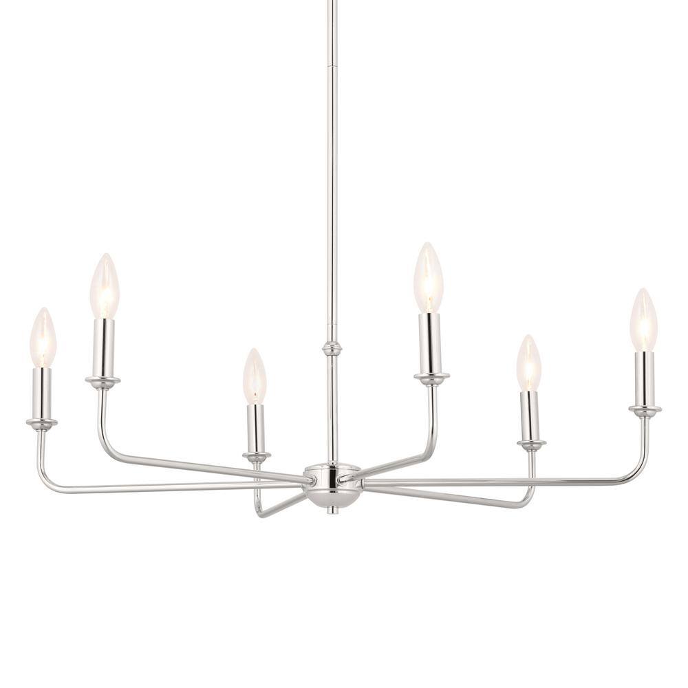 Elegant Pallas 6-Light Chandelier in Polished Nickel with White Linen Shades