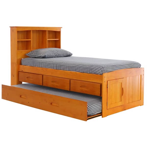OS Home and Office Furniture Honey Mission Light Brown Twin Sized Captains Bookcase Bed with 3-Drawers and a Twin Trundle