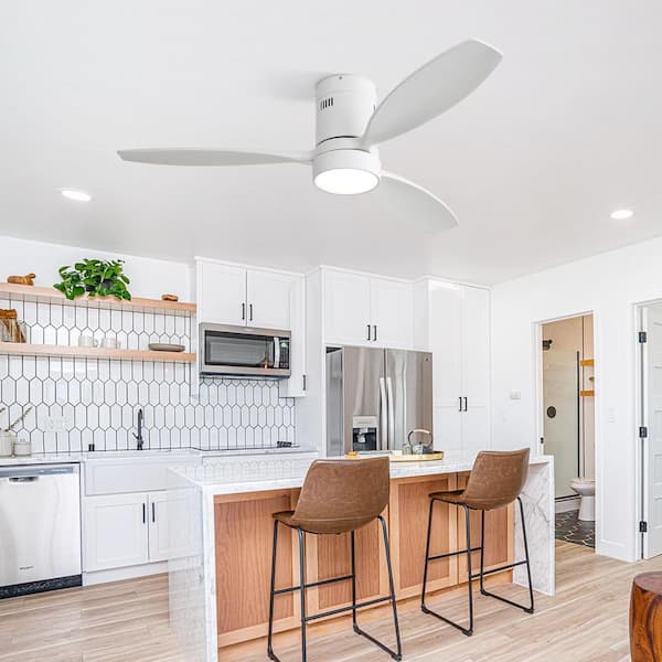 52 in. White 3-Solid Wood Blades Standard Flush Mount Ceiling Fan with Light 3CCT and Remote control,DC Motor, 6-Speed