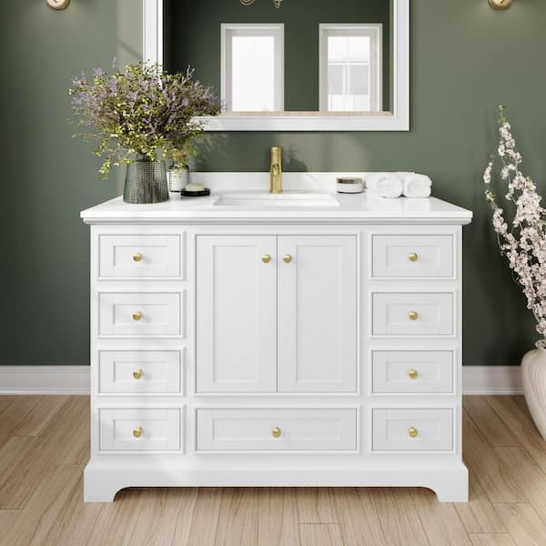 Wyndham Collection Deborah 48 in. W x 22 in. D x 35 in. H Single Bath Vanity in White with White Quartz Top and MC Mirror