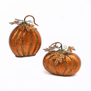 Assorted 11.75 in. H Iron Harvest Tabletop Pumpkins with Leaf (Set of 2)