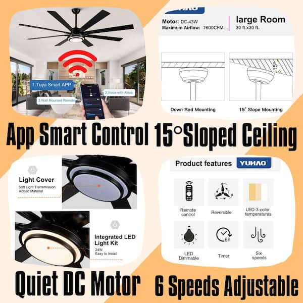 Modern Series 72 in. Indoor Matte Black Low Profile Smart Ceiling Fan with Remote Included for Bedrooms or Living Rooms