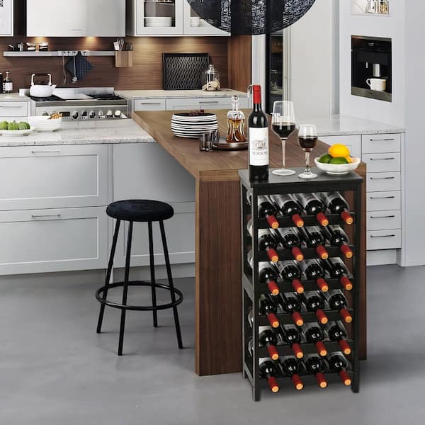 24-Botttle Black 15.9 in. W Bamboo Wine Rack, 6-Tier Freestanding Floor Wine Storage Shelves with Table Top