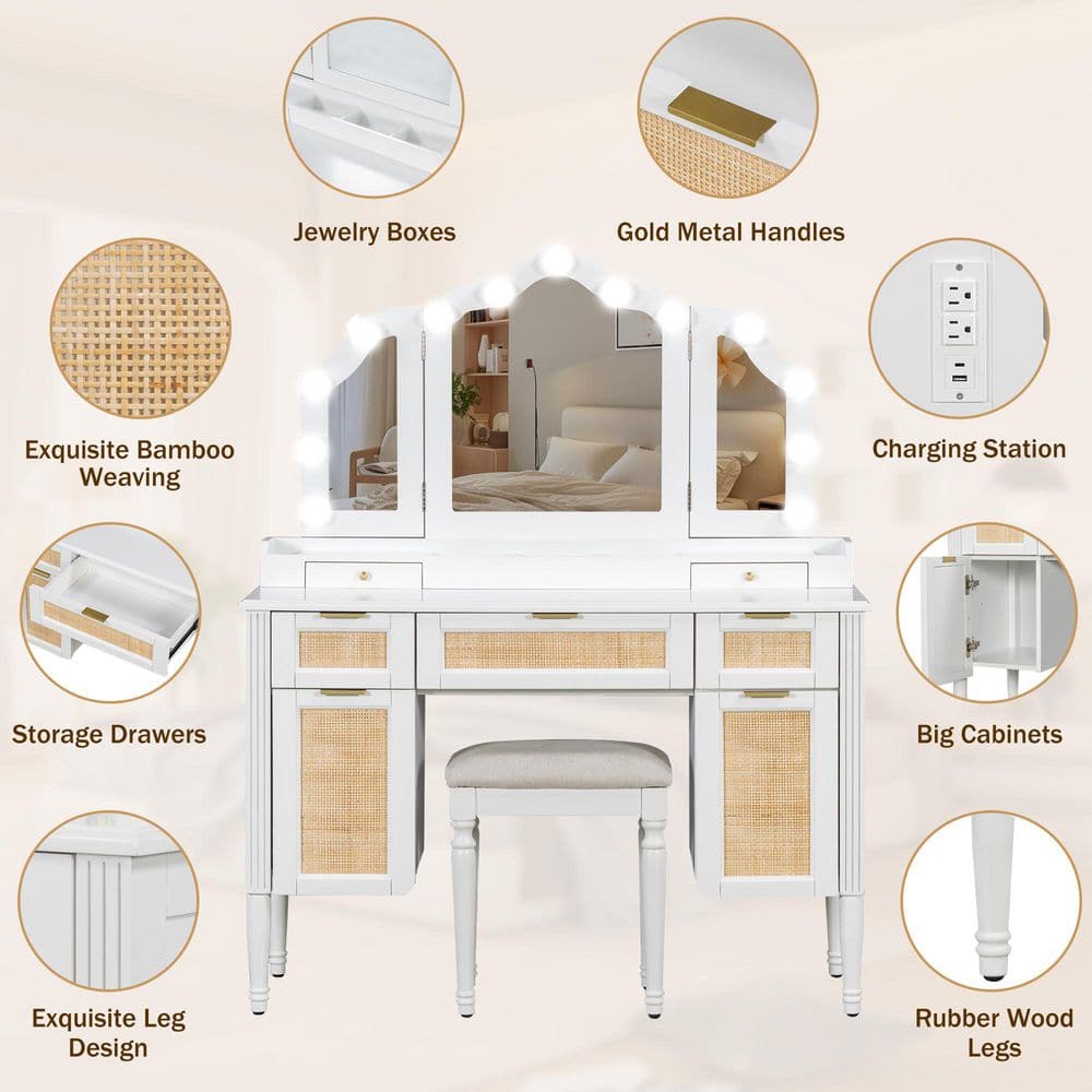 2-Piece White Makeup Vanity Set with Cushioned Stool, Tri-Fold Light Mirror, 5-Drawers, 2 Cabinets, Charging Station - thumbnail 9