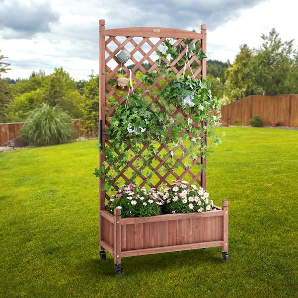 30 in. x 13 in. x 61.4 in. Outdoor Raised Garden Wood Bed with Trellis Wooden Planter Box for Climbing Plants Flowers