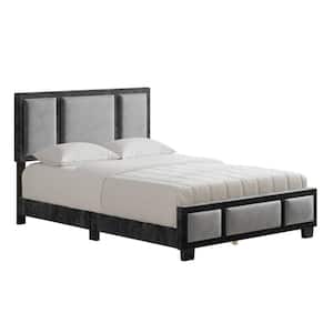 Triiptych Gray and Back Velour Upholstered Platform Full Size Bed Frame with Headboard