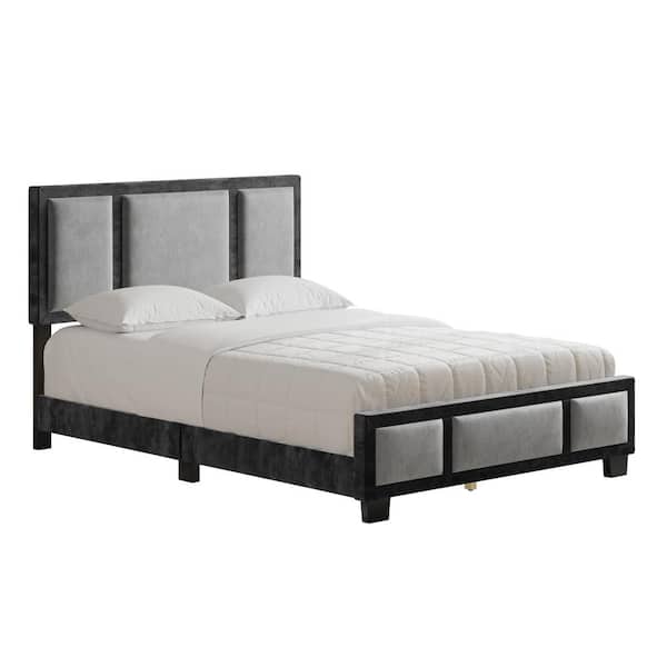 Boyd Sleep Triiptych Gray and Back Velour Upholstered Platform Full Size Bed Frame with Headboard