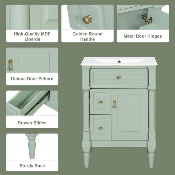 JUJABU 24 in. Freestanding Green Bath Vanity with White Ceramic