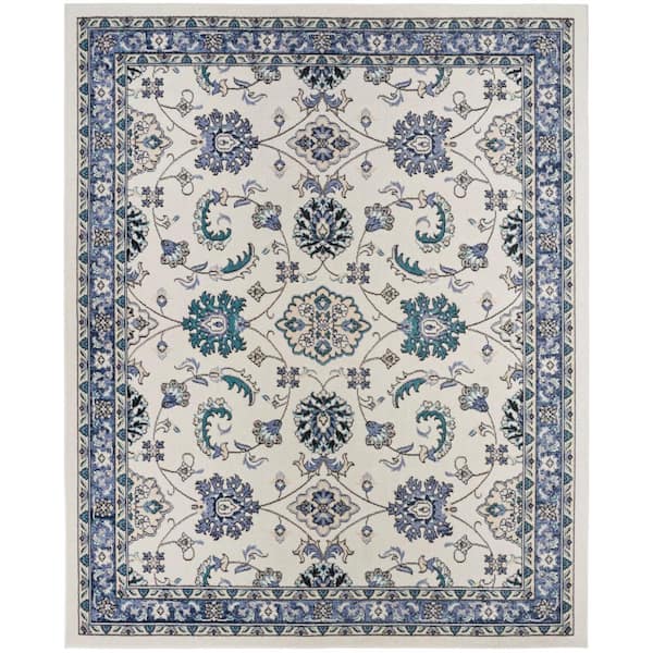 Essentials Ivory Blue 8 ft. x 10 ft. Center medallion Traditional Area Rug