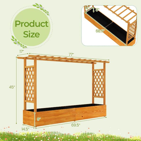 79 in. Orange Wood rectangular Outdoor Raised Garden Bed with Trellis Hanging Roof Planter Box Drainage Holes