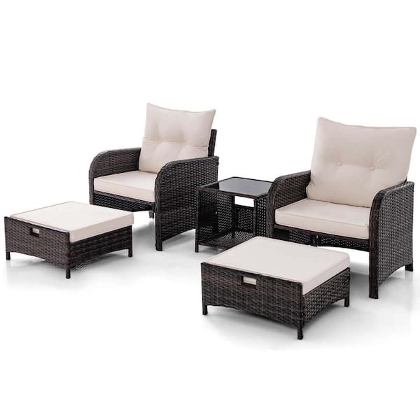 Costway Mix Brown 5-Piece Metal Plastic Wicker Patio Conversation Set with Beige