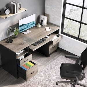 59 in. Rectangular Grey 4-Drawers Computer Executive Desk with 2-Open Storage and Keyboard Tray