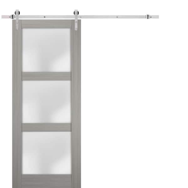 Sartodoors 2552 30 in. x 96 in. 3 Panel Frosted Gray Oak Finished Solid Wood Sliding Barn Door with Hardware Kit