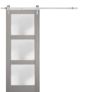 2552 28 in. x 80 in. 3 Panel Gray Finished Pine Wood Sliding Door with Stainless Barn Hardware