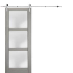 2552 42 in. x 80 in. 3 Panel Gray Finished Pine Wood Sliding Door with Stainless Barn Hardware