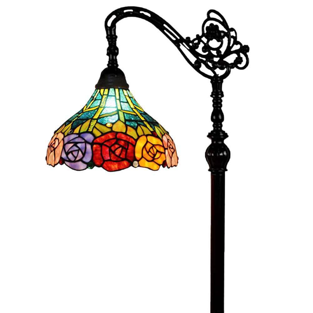 62" Bronze Arc Floor Lamp with Stained Glass Shade