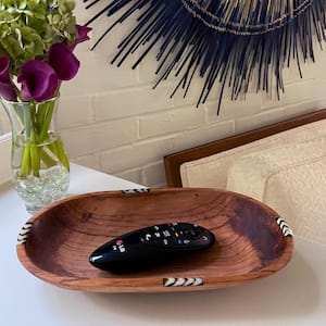 Large Oval Olive Wood Brown Bowl with Bone Inlay Accent